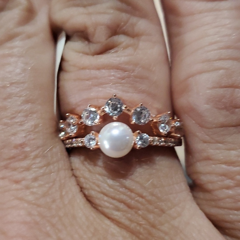 STERLING ROSE GOLD PEARL RING WITH CRYSTALS SZ6